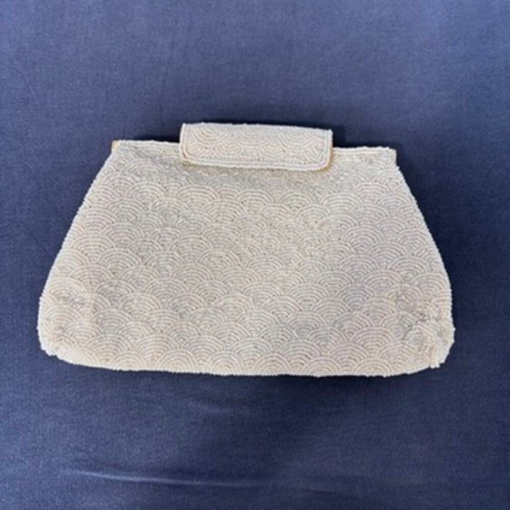 White Beaded Clutch with Gold Chain